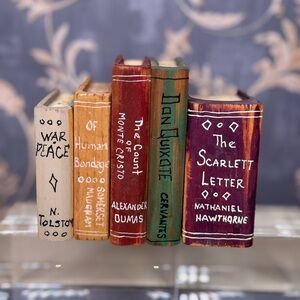 Vintage Estate Hand Painted Wooden Miniature Classic Book Set Of Five